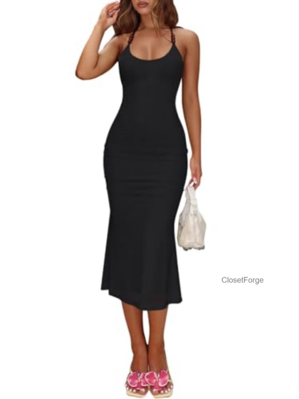 Sexy Halter Neck Mesh Midi Bodycon Dress - Picture 6 of 6